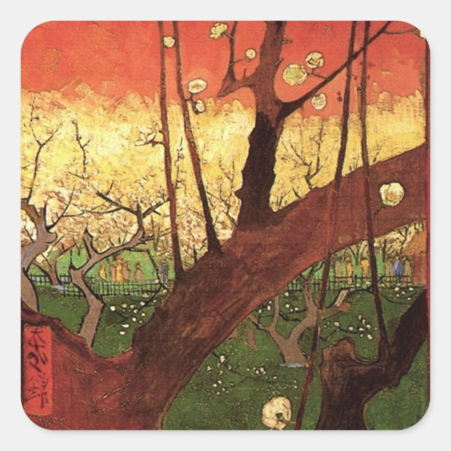 Japonism: Flowering Plum Tree by Vincent van Gogh Square Sticker (Front)