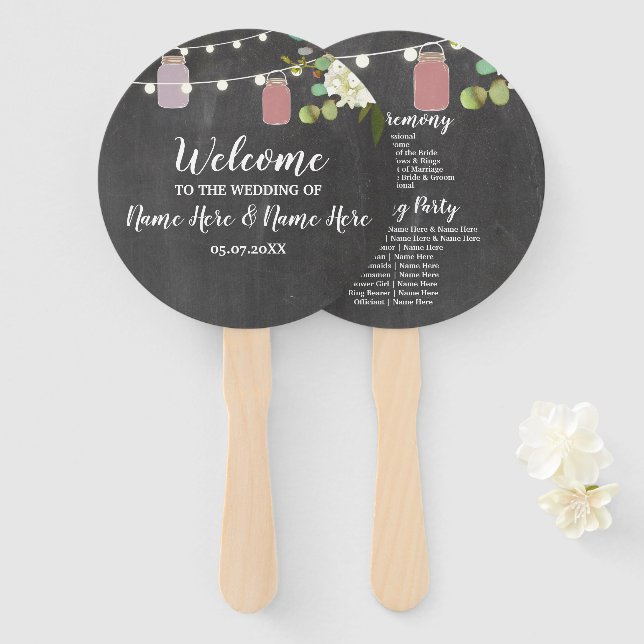 Jar Lights Floral Chalk Jars Wedding Programme Fan (Front and Back)