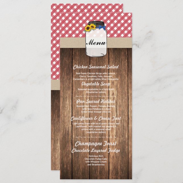 Jar Menu Wedding Reception Red Check Sunflower (Front/Back)