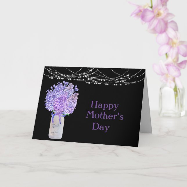 Jar of Lilacs - String Lights on Black Mothers Day Card (Orchid)