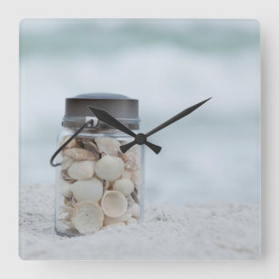 Jar Of Seashells On The Beach   Florida Square Wall Clock