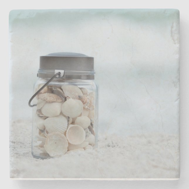 Jar Of Seashells On The Beach | Florida Stone Coaster (Front)