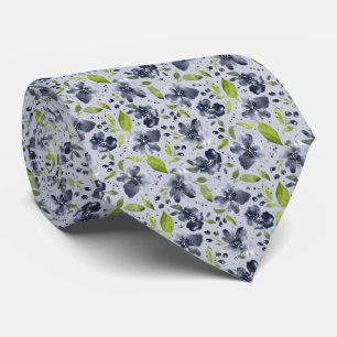 Jardin Calme-Lt Gray,Green&Gray Watercolor Floral Tie