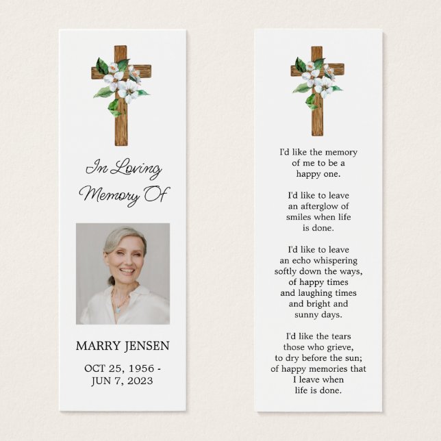 Jasmine Cross Photo Funeral Memorial Bookmark (Front & Back)