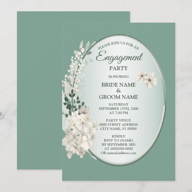 Jasmine Floral Green Geometric Engagement Party Invitation (Front/Back)