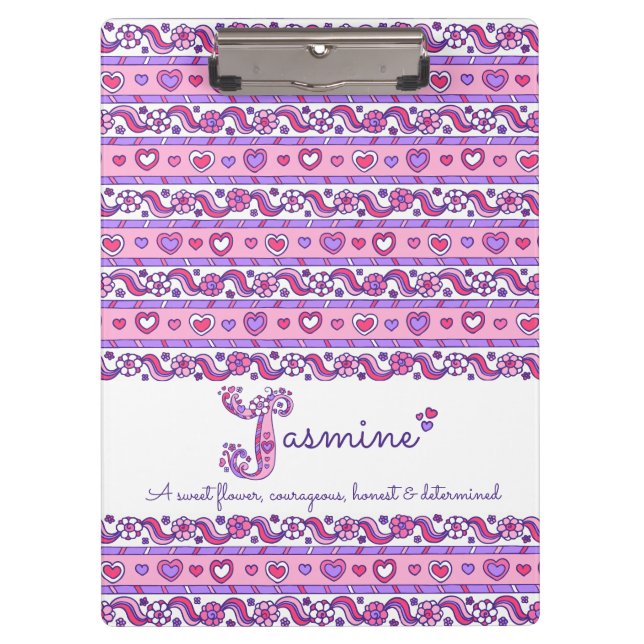 Jasmine name meaning hearts letter J Clipboard (Front)