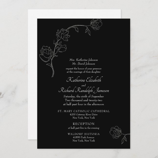 Jasmine Outline Black Formal Wedding Invitation (Front/Back)