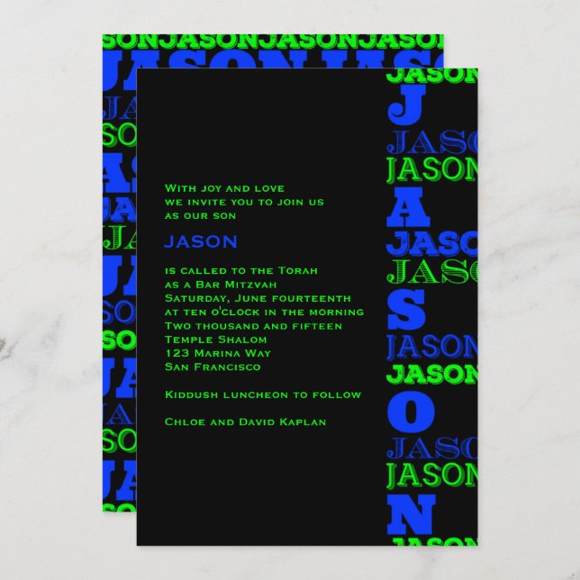 JASONCool Modern Bar Mitzvah Invitation Black Blue (Front/Back)
