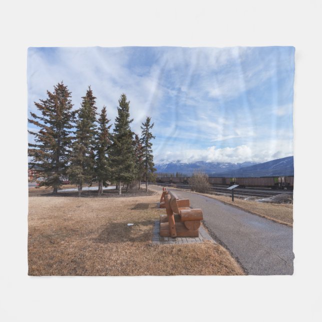 Jasper Alberta View Of Trains And Mountains Fleece Blanket (Front (Horizontal))