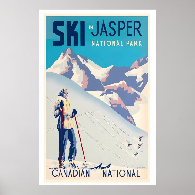 Jasper National Park Canada Woman Skiing Vintage Poster (Front)