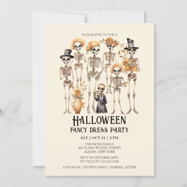 Jaunty Skeleton Family Portrait Halloween Party Invitation (Front)