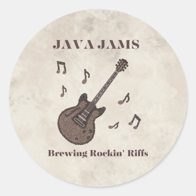 Java Jams-Brewing Rockin' Riffs-Coffee-Guitar- Classic Round Sticker (Front)