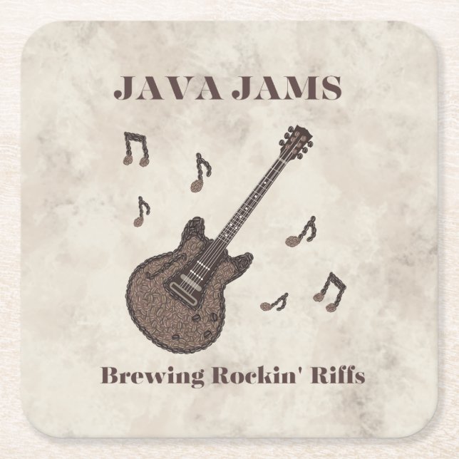 Java Jams-Brewing Rockin' Riffs-Coffee-Guitar- Square Paper Coaster (Front)