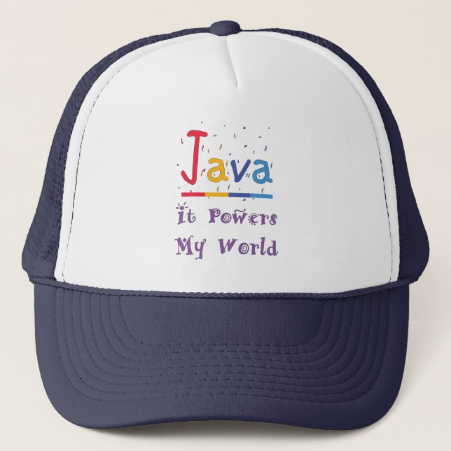 Java powers my world trucker hat (Front)