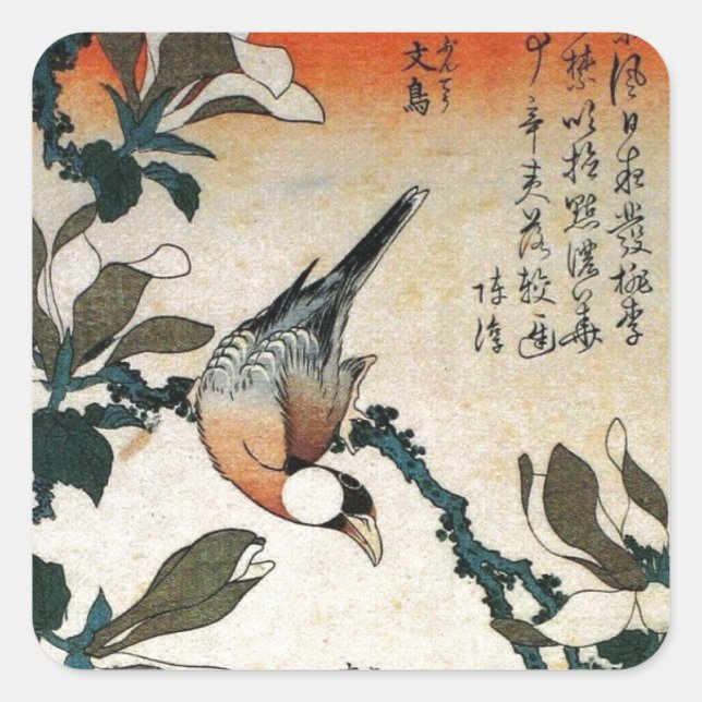 Java Sparrow and Kobushi Magnolia (by Hokusai) Square Sticker (Front)