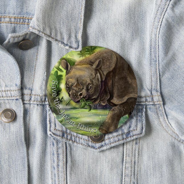 Javan Rhino Art 10 Cm Round Badge (In Situ)