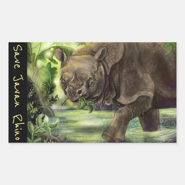 Javan Rhino Endangered Animal Art Rectangular Sticker (Front)