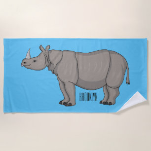 Javan rhinoceros cartoon illustration  beach towel