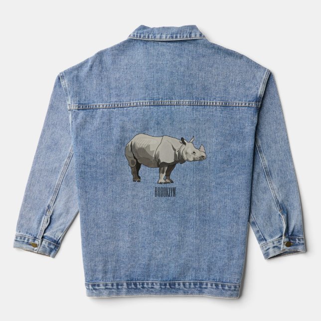 Javan rhinoceros cartoon illustration denim jacket (Back)