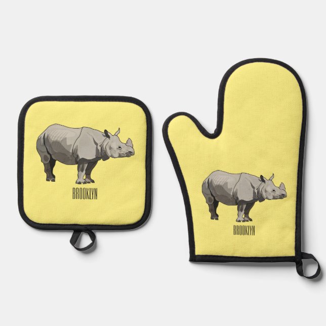 Javan rhinoceros cartoon illustration oven mitt & pot holder set (Front)