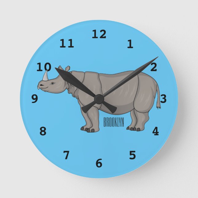 Javan rhinoceros cartoon illustration round clock (Front)