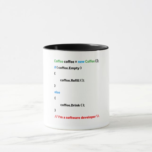 JavaScript Mug. I am a Software Developer. Mug (Center)