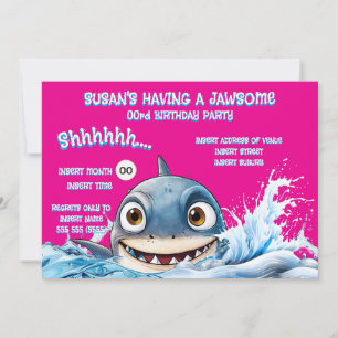 Jawsome Shark Birthday Invite   Pink Girl