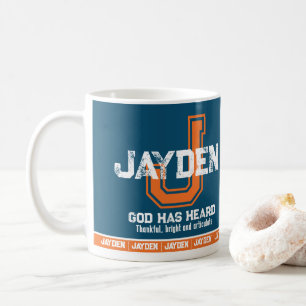 Jayden name meaning sports monogram orange blue coffee mug