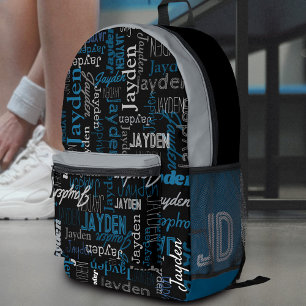 Jayden personalised name blue grey black printed backpack