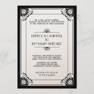 Jazz age black geometric art deco wedding invitation