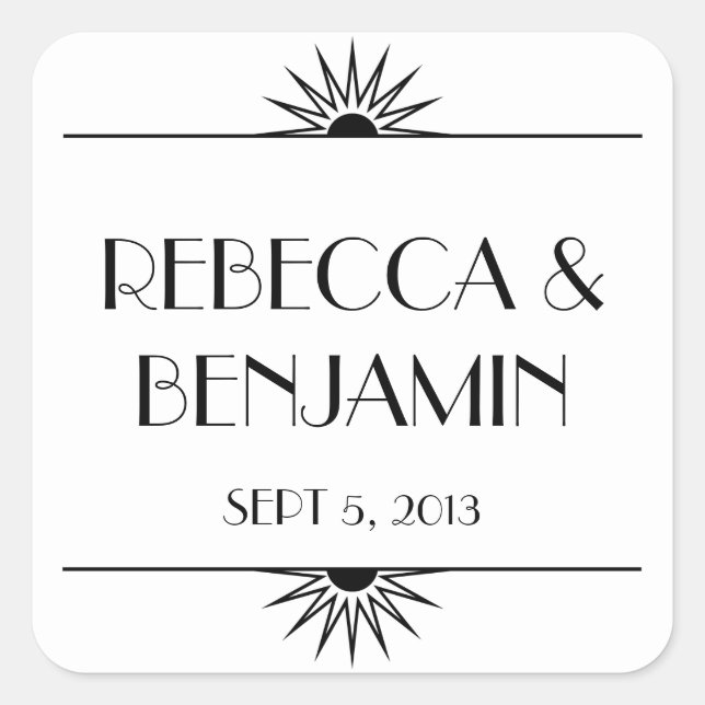 Jazz age black geometric art deco wedding square sticker (Front)