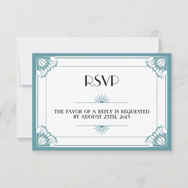 Jazz age blue Art Deco RSVP wedding response (Front)
