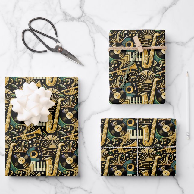 Jazz Age Music Pattern Wrapping Paper Sheet (Front)