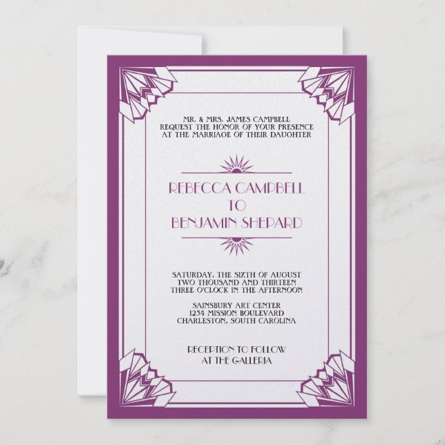 Jazz age purple geometric art deco wedding invitation (Front)
