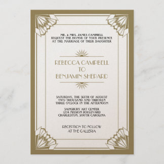 Jazz age taupe geometric art deco wedding invitation