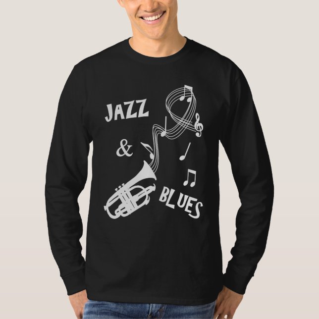 Jazz & Blues Music Notes Trumpet Graphic T-Shirt (Front)