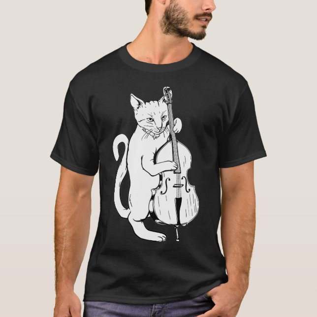 Jazz Cat Playing Upright Bass  Cool Musician T-Shirt (Front)