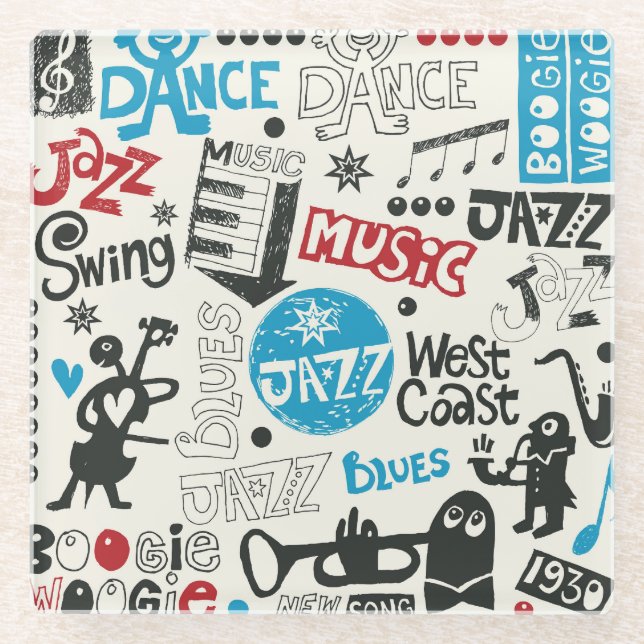 Jazz Doodle: Eclectic Music Mix Glass Coaster (Front)