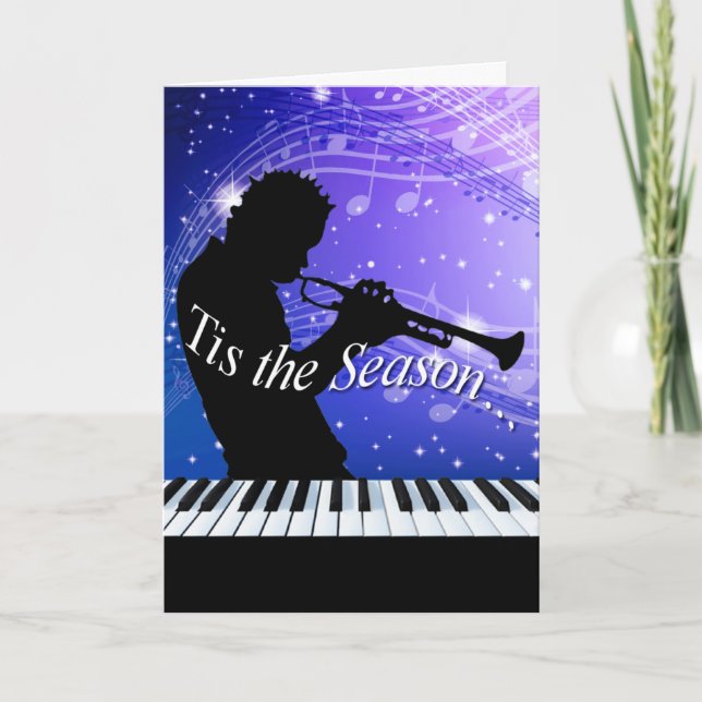 Jazz Horn Player Tis the Season | cobalt blue Holiday Card (Front)