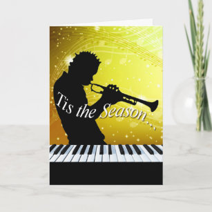 Jazz Horn Player Tis the Season   yellow Holiday Card