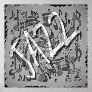 Jazz Music Pattern Dancing Swirling Notes BW Poster