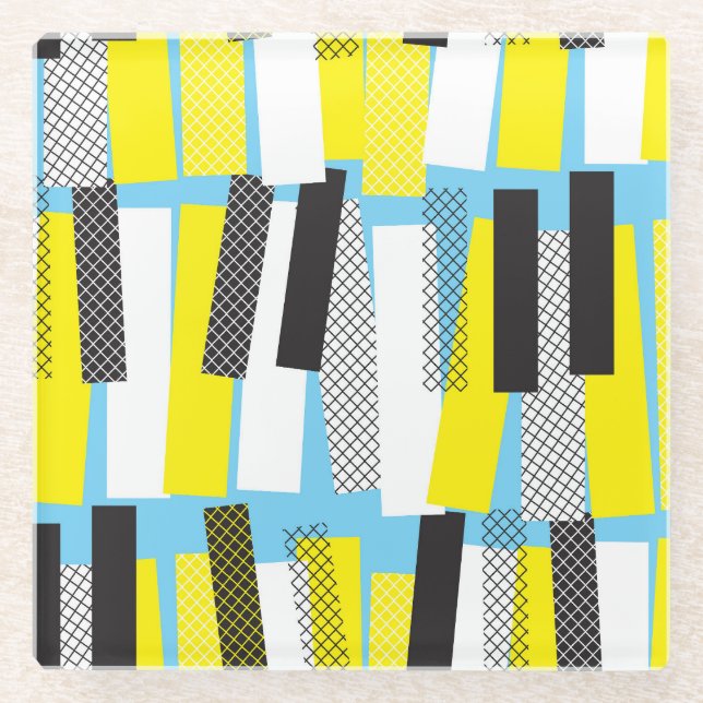Jazz music, yellow blue geometric pattern. glass coaster (Front)