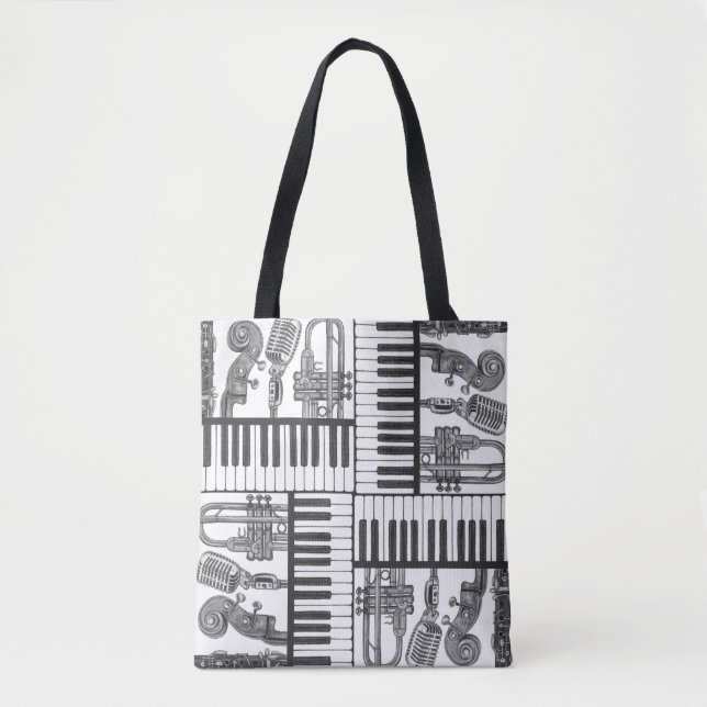 Jazz Musical Instruments Black and White Tote (Front)