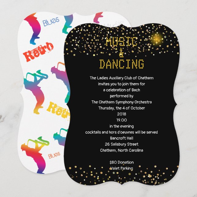 Jazz Retro Music & Dances, Blues Party Saxophonist Invitation (Front/Back)