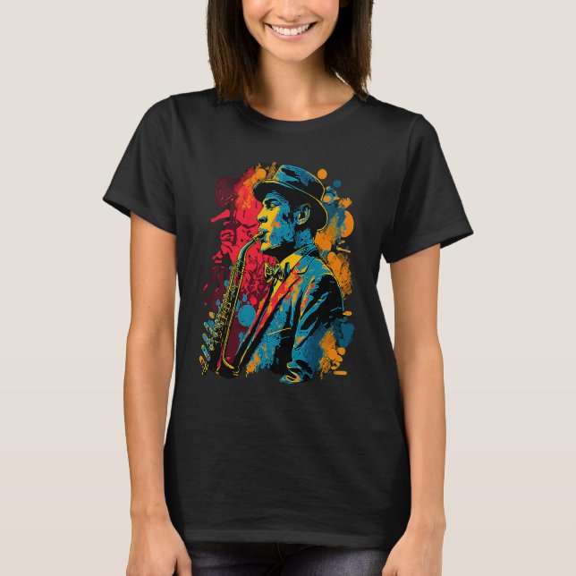 Jazz Saxophone Player Funky Pop 1920s Era Musician T-Shirt (Front)