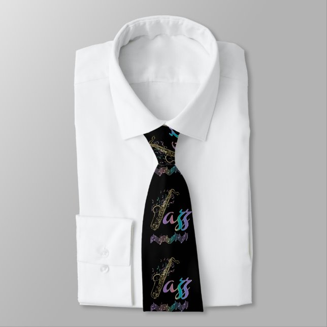 Jazz Tie - Black Saxophone and Music Notes Necktie (Tied)