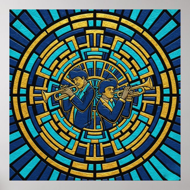 Jazz Trumpeters Poster Blue and Gold Stained Glass (Front)
