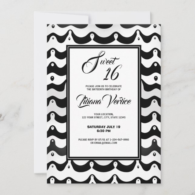Jazzy Black & White Wavy Zebra Stripes Invitation (Front)