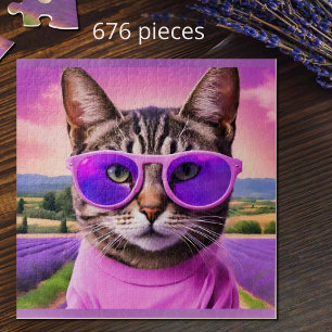 Jazzy cat - - lavender field jigsaw puzzle