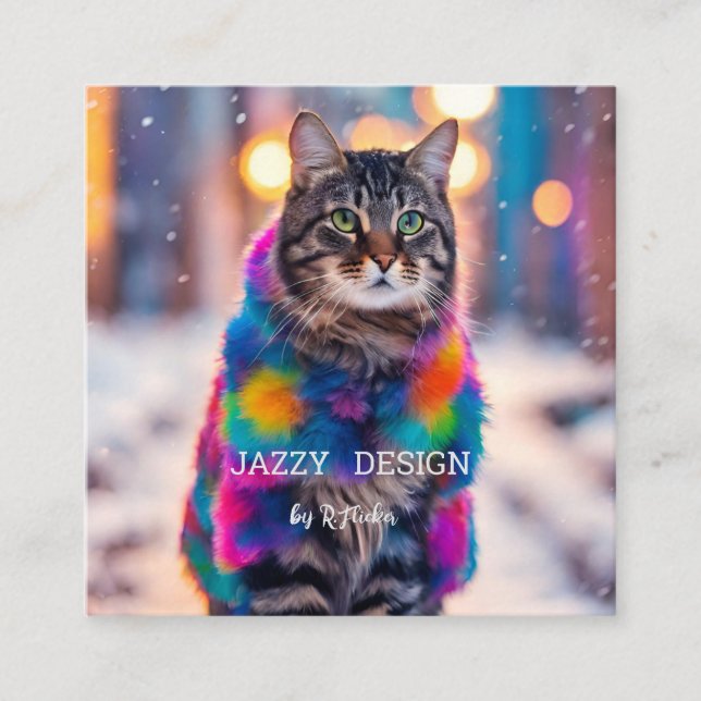 Jazzy Kitty   in fur  coat Square Business Card (Front)